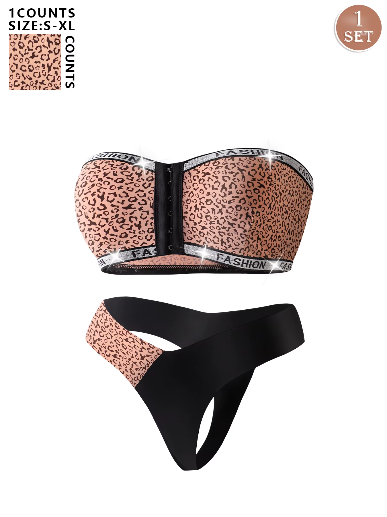 1 ensemble de soutien-gorge sans bretelles à imprimé léopard, soutien-gorge à boutons sur le devant 