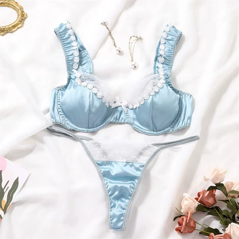 Ensemble de soutien-gorge en Satin pour femmes, Lingerie Sexy de luxe, sous-vêtements épissés en den