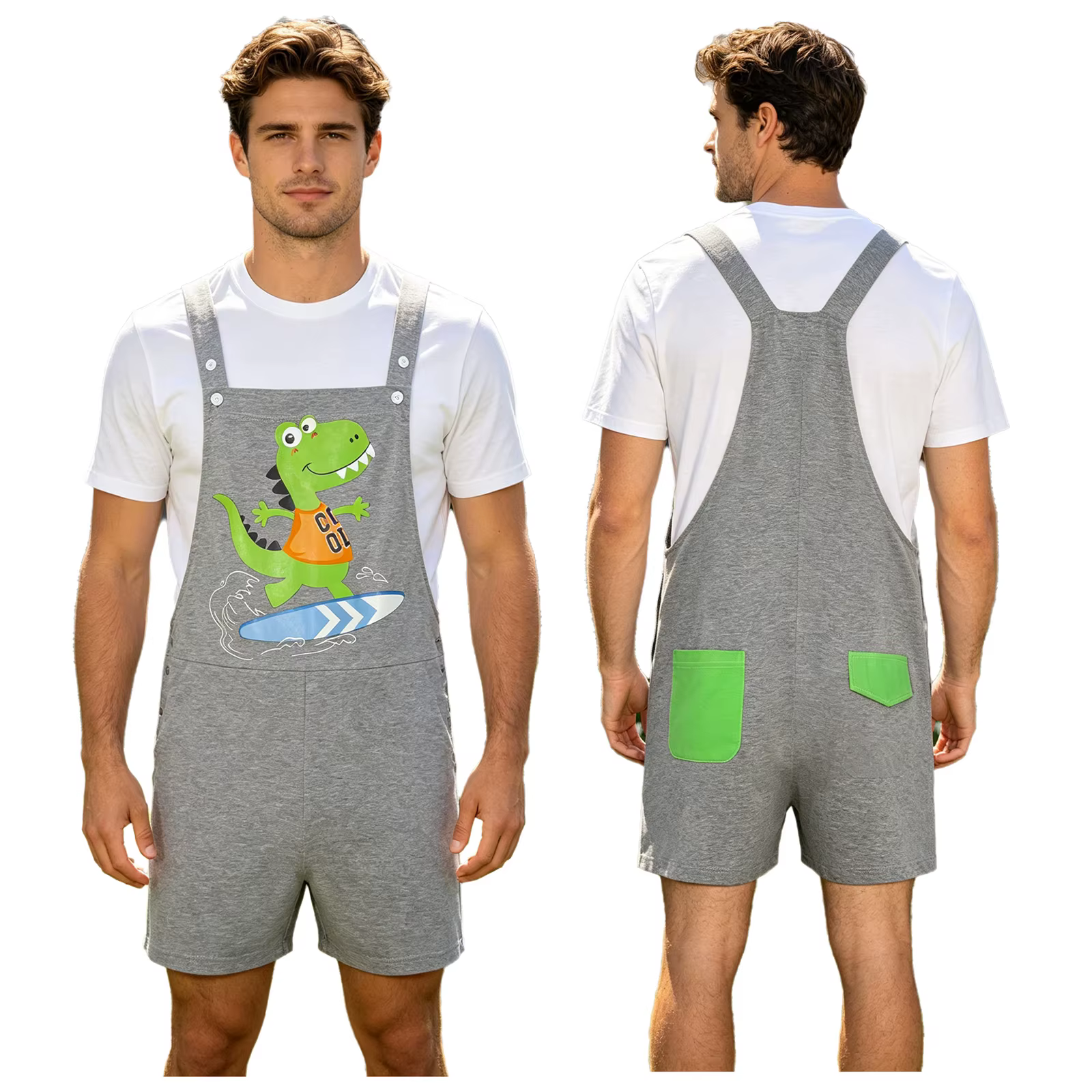Pyjama pour hommes, imprimé dinosaure, short à bretelles, salopette, bretelles réglables, poches arr