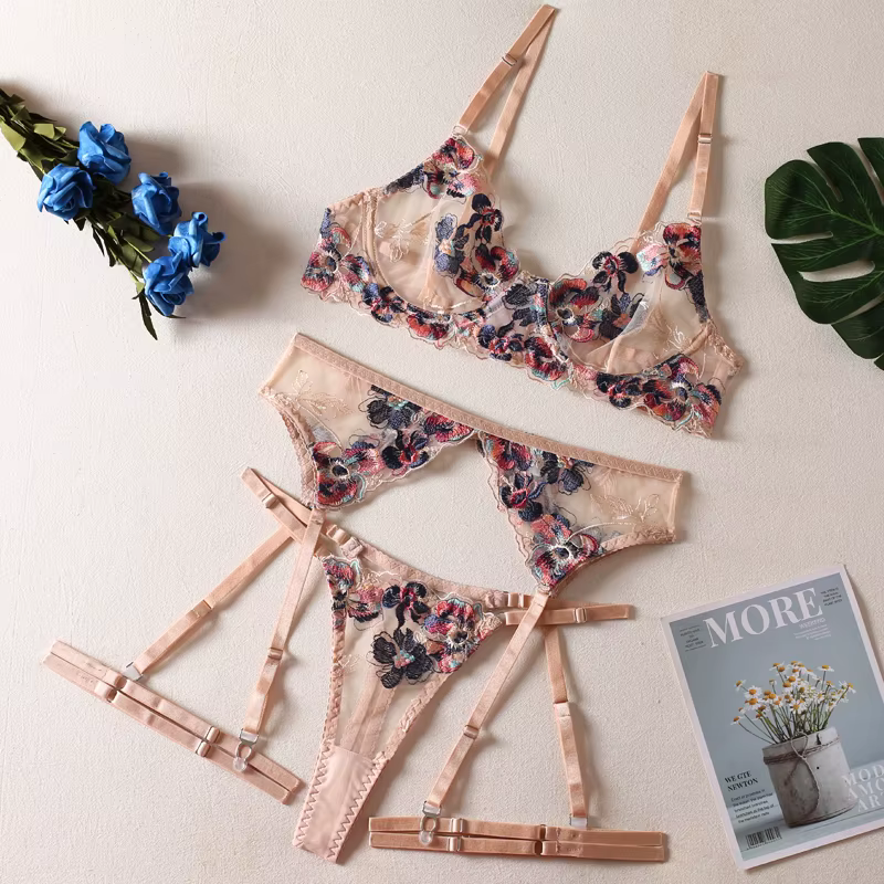 Eroric – ensemble de 4 pièces de Lingerie transparente brodée pour femmes, soutien-gorge Push-up et 