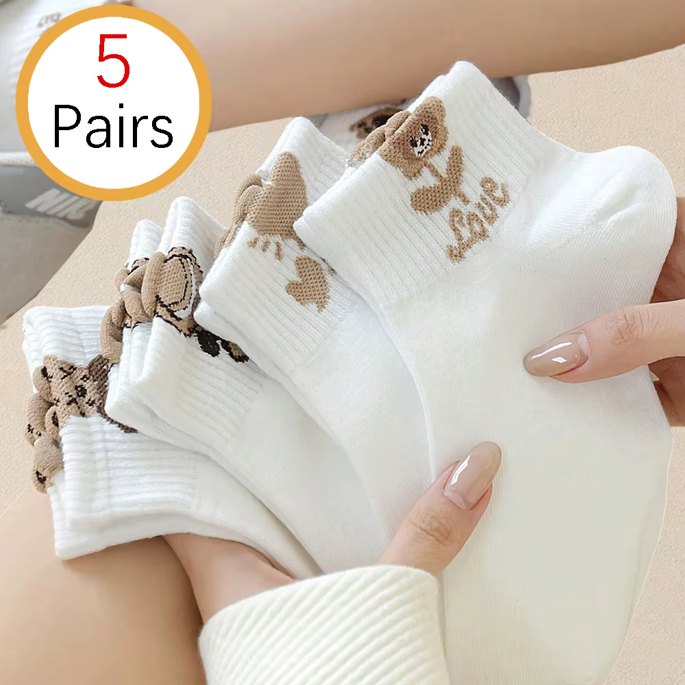 Chaussettes de rinçage à motifs d'ours en peluche de dessin animé pour femmes, polyvalentes, à la mo