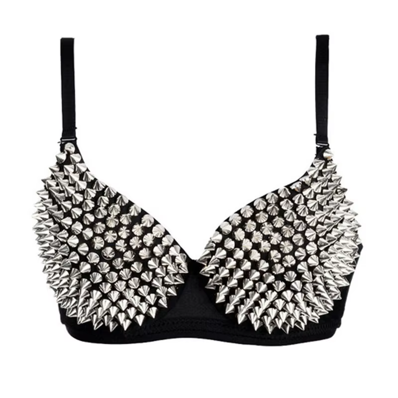 Rivets argentés Punk Rave Bralette Lingerie gothique soutien-gorge haut Sexy Push Up brassière disco