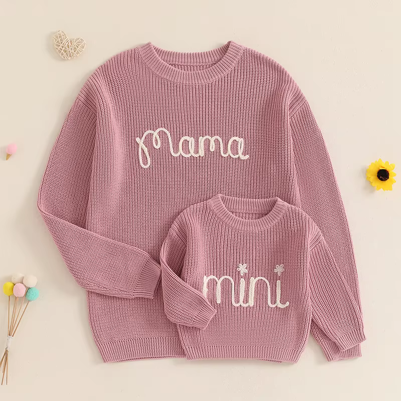 Pulls assortis pour la famille maman et moi, broderie de lettres, tricots à col rond, pull confortab