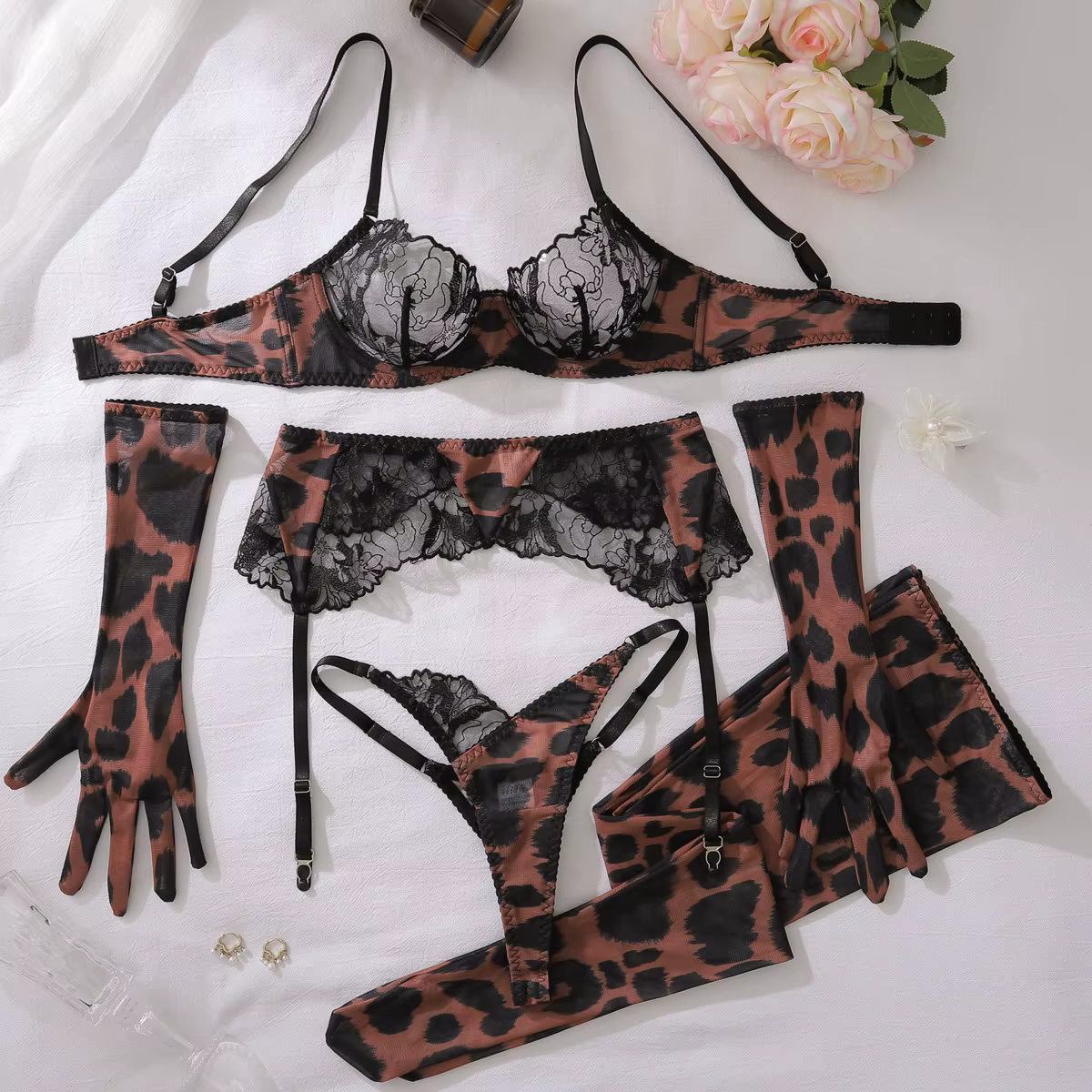 Costume léopard pour femmes, Lingerie Ultra Sexy en dentelle, Patchwork, intime, Sexy, complet avec 
