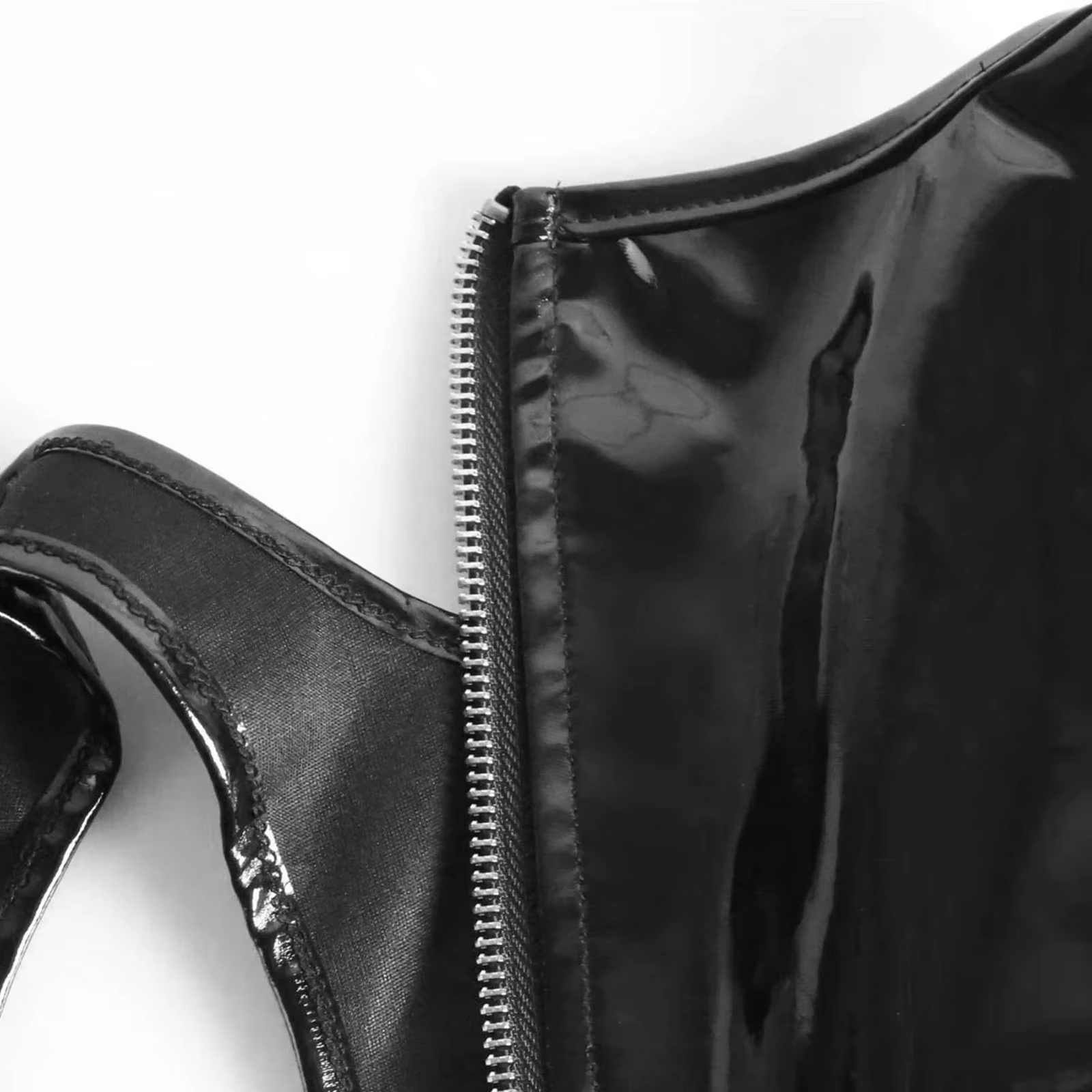 Haut sexy en faux latex pour femmes, fermeture éclair au dos, cuir verni brillant, aspect de support