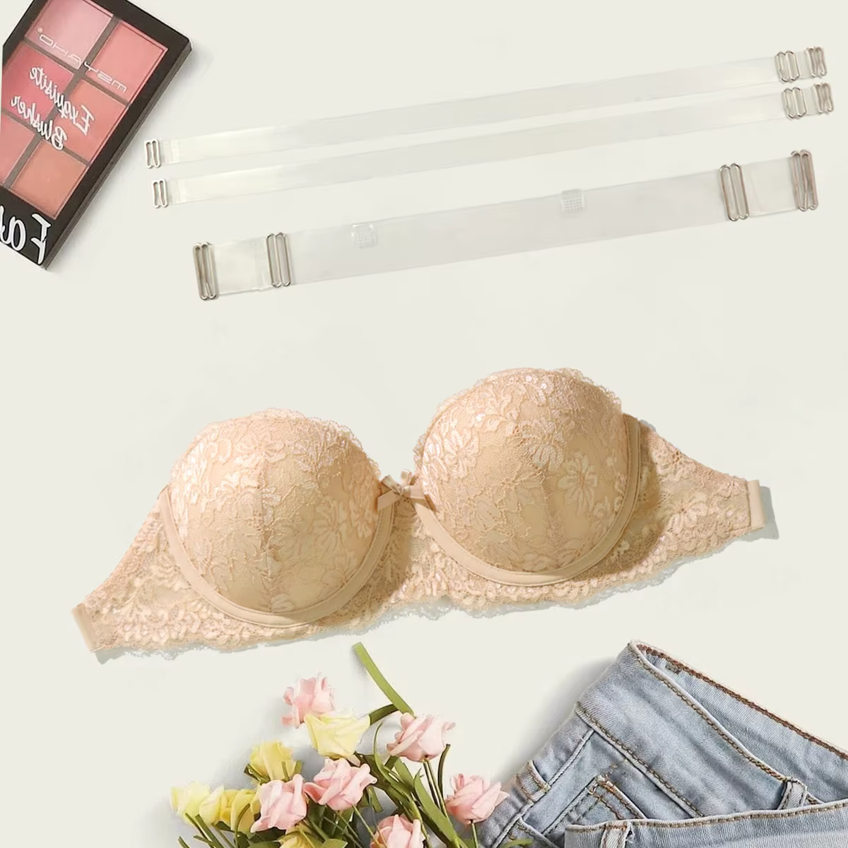 BEAUWEAR-Soutien-Gorge Demi-Bonnet avec Bretelles Transparentes Givrées, Lingerie en Dentelle Unie, 