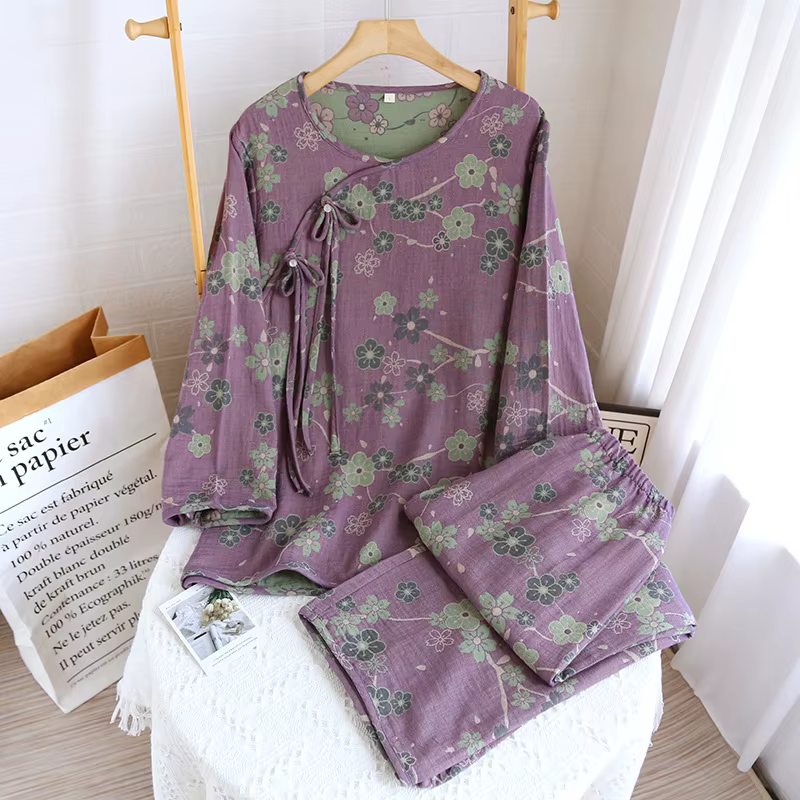 100% Cotton Night Wears For Women Nightie Print Sleepwear Pajamas Set Spring Autumn Long Sleeve Wome