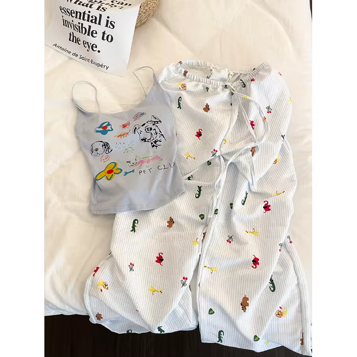 Ensemble pyjama imprimé chiot pour femme, 2 pièces, camisole et pantalon long avec soutien-gorge int