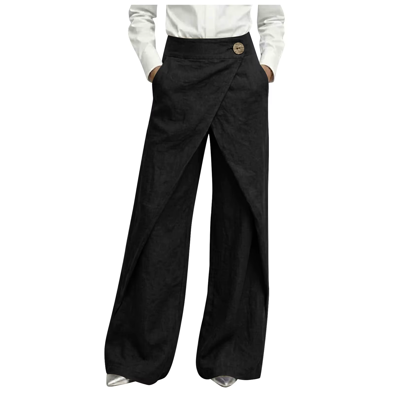 Pantalon de costume asymétrique chic à bouton unique, taille haute, drapé, coupe large pour femme, g