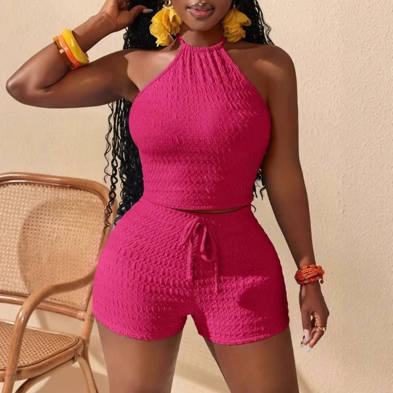 Ensemble deux pièces sexy moulant d'été pour femme : haut court dos nu sans manches et short taille 