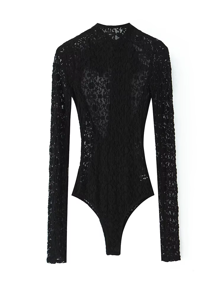 Body Sexy en dentelle noire ajouré à manches longues pour femmes, dos nu, avec nœud, Slim, élastique