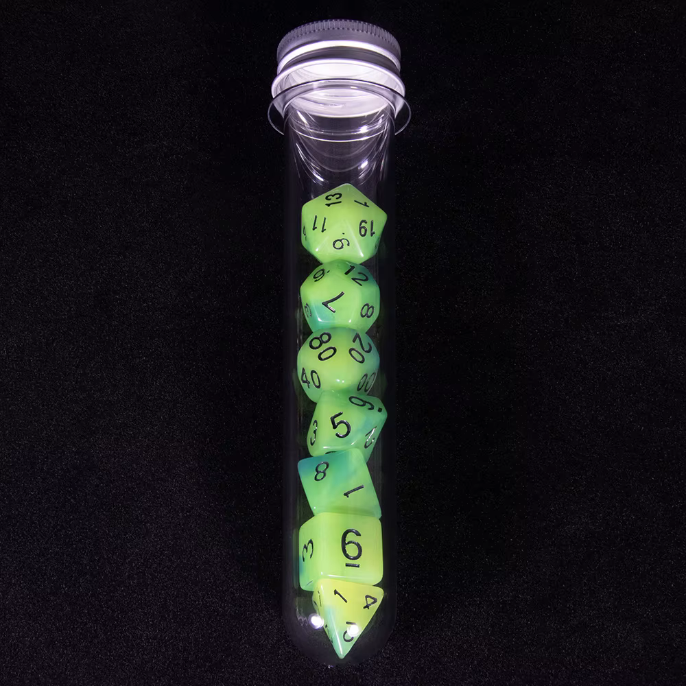 Jeu de dés polyédriques phosphorescents avec tube, dés pour petit-déjeuner du MDN, divertissement de