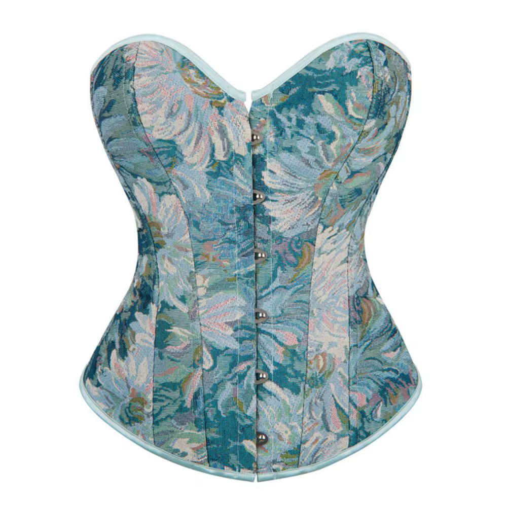 Corset floral aquarelle bleu sarcelle pour femme, avec boucle métallique sur le devant et laçage au 