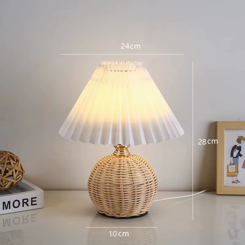 Lampe de table plissée LED SCKDAY avec base en rotin, lumière de chevet rétro USB, lampe de bureau v