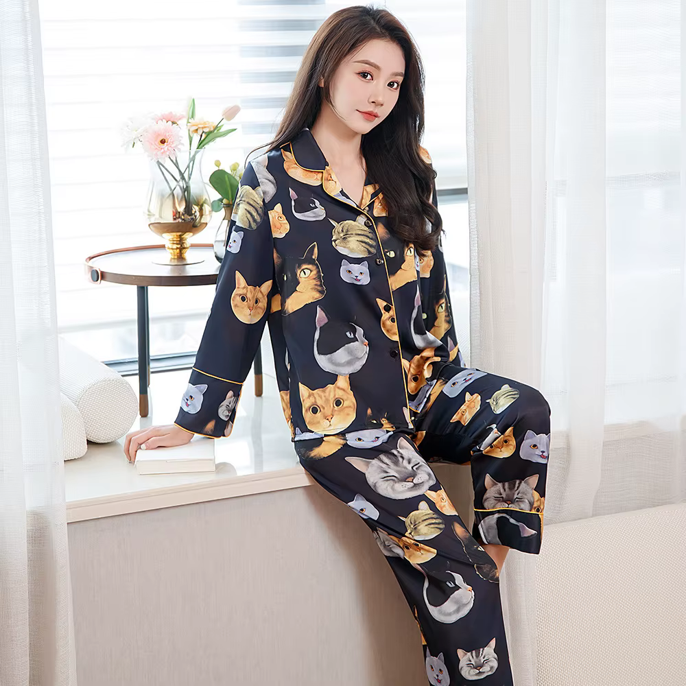 Ensemble deux pièces en soie glacée pour femme, pyjama noir, chat de dessin animé, vêtements de mais