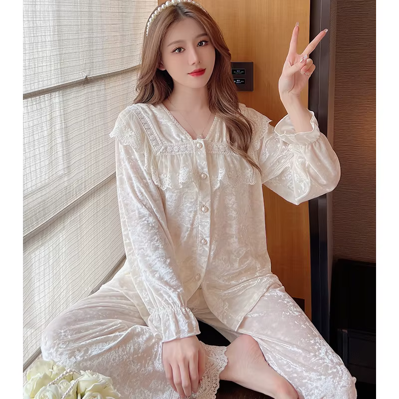 Ensemble de pyjama en velours à manches longues pour femmes, pyjama chaud, vêtements de nuit en dent