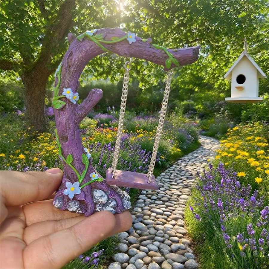 Divers petits arbres colorés, décoration de jardin extérieur avec balançoires et fleurs, petites sta