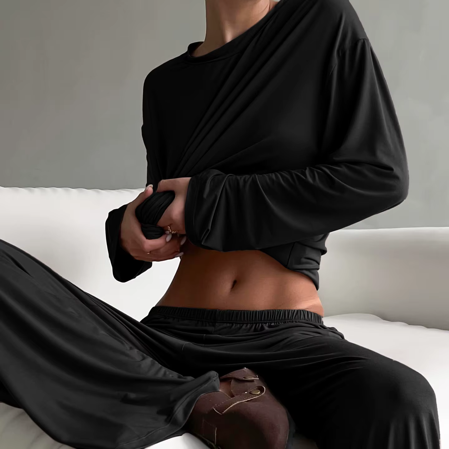 Nouveau 2026 marron ample femme vêtements de nuit costume col rond chemises de nuit à manches longue