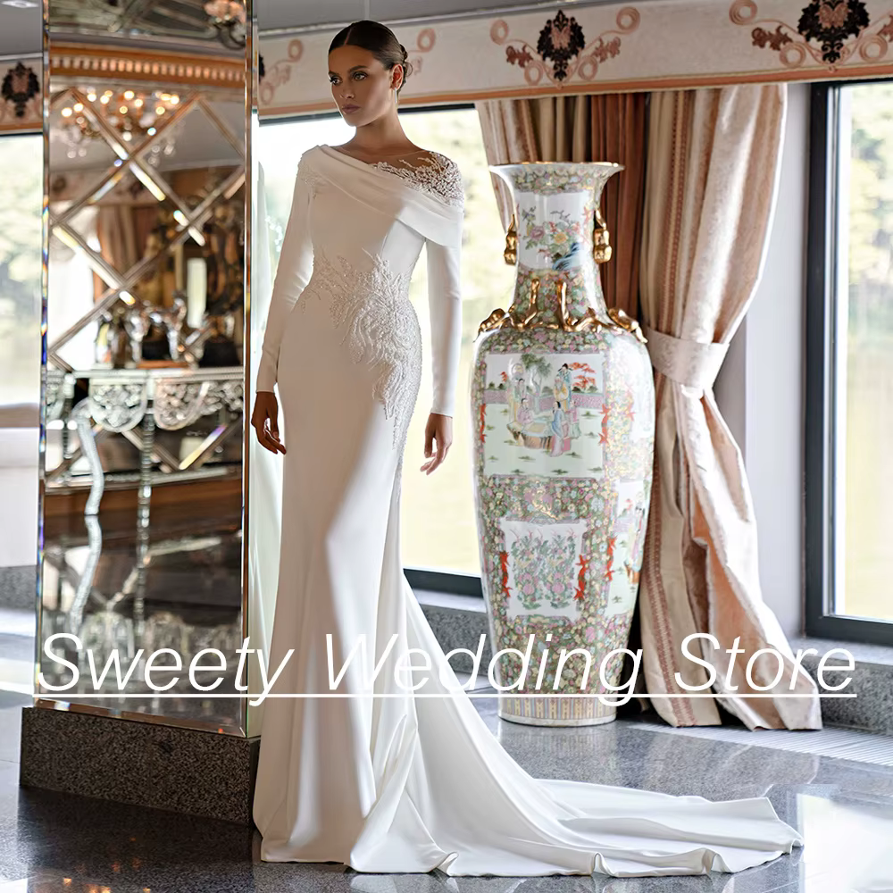 Jiayigong-Robe de Mariée Arabe Saoudite Personnalisée, Manches sulf, Encolure Rond, Perles Appliquée