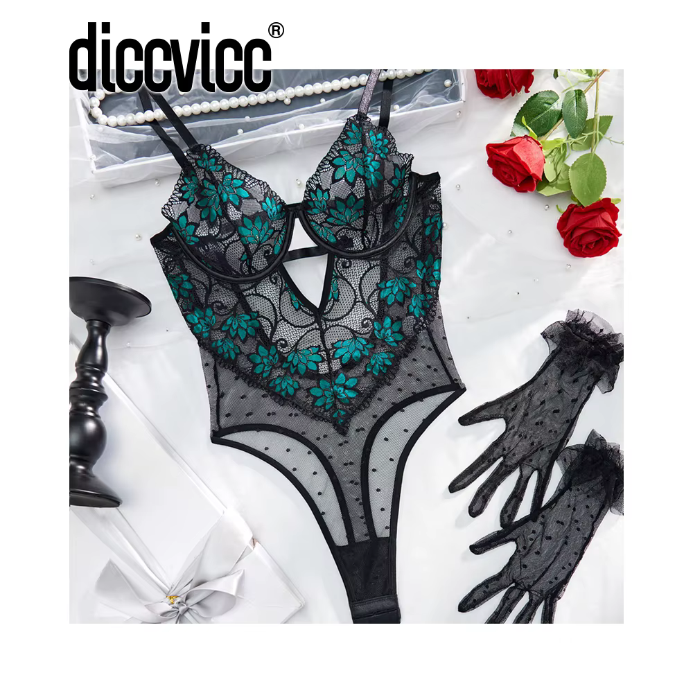 Diccvicc Body femme élégant avec gants voir à travers la dentelle florale Body sexy Lingerie ensembl