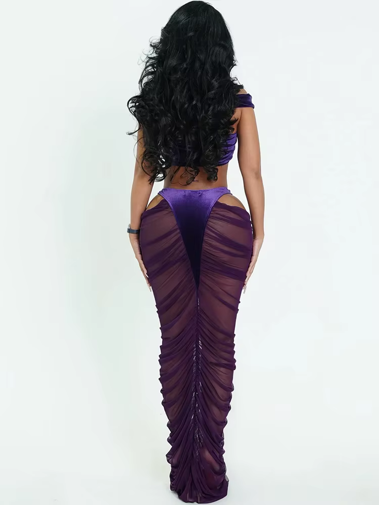 Kliou Sexy De Mode 2 Pièce Ensemble Femme Velours Croix Kink Débardeurs + Creux Conception Froncé Lo