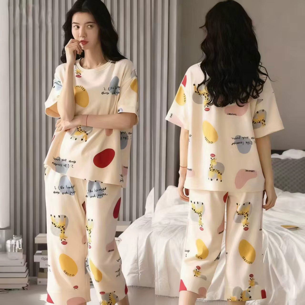 Ensemble 2 pièces pour femmes, vêtements décontractés à motifs de dessins animés, vêtements de nuit 