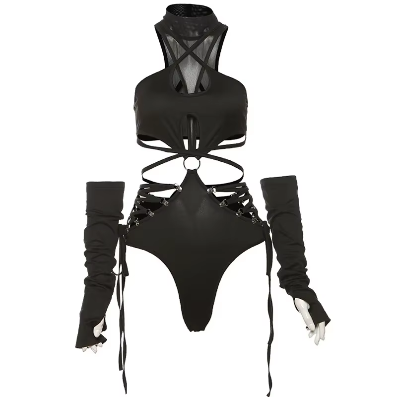Body Bandage ajouré pour femme, Cyber Y2k, gothique, Techwear, maille, Patchwork, hauts, manches gan