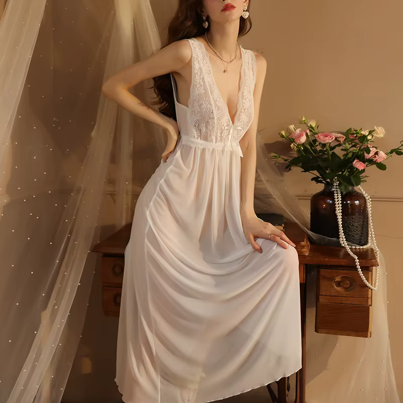 Robe de nuit de mariage longue en dentelle pour femme, chemise de nuit vintage élégante, chemise de 