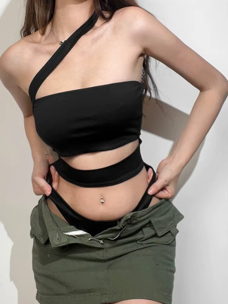 Body à épaule unique, Lingerie Sexy, haut noir pour femmes, tenue Rave ajourée, une pièce, vêtements