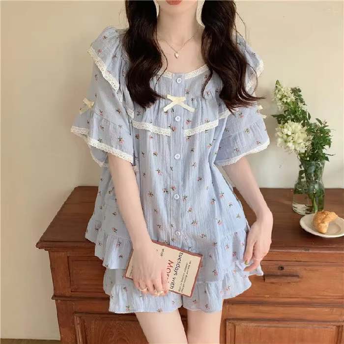 Nouvel ensemble de pyjama d'été pour femme, style princesse, doux, avec dentelle et petites fleurs, 