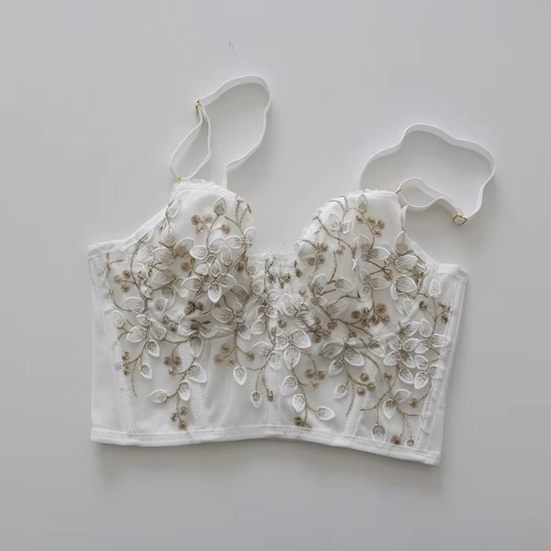 Soutien-gorge brodé 3D sexy en dentelle, corset à baleines, avec fermeture élargie et armature en ac
