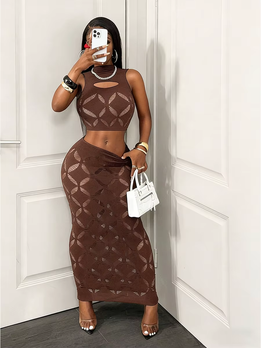 FHSEER Ensemble sexy 2 pièces grande taille pour femme, débardeur court en maille transparente ajour