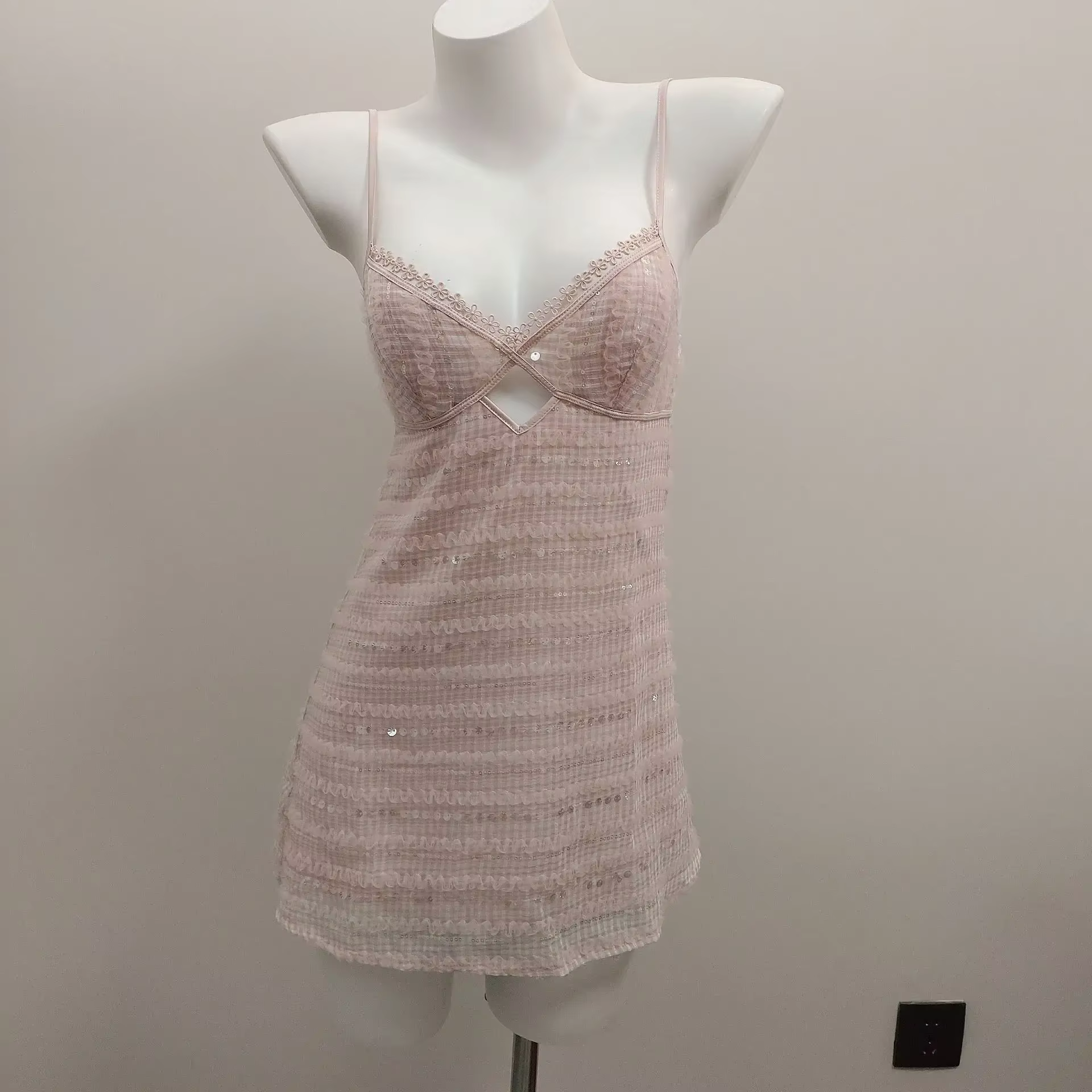 Chemise de nuit française pour femmes, vêtements de nuit sexy, lingerie mince, paillettes scintillan