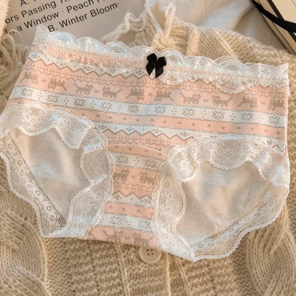 Culottes en dentelle à nœud papillon motif chat, taille mi-haute, en coton, lingerie douce pour femm