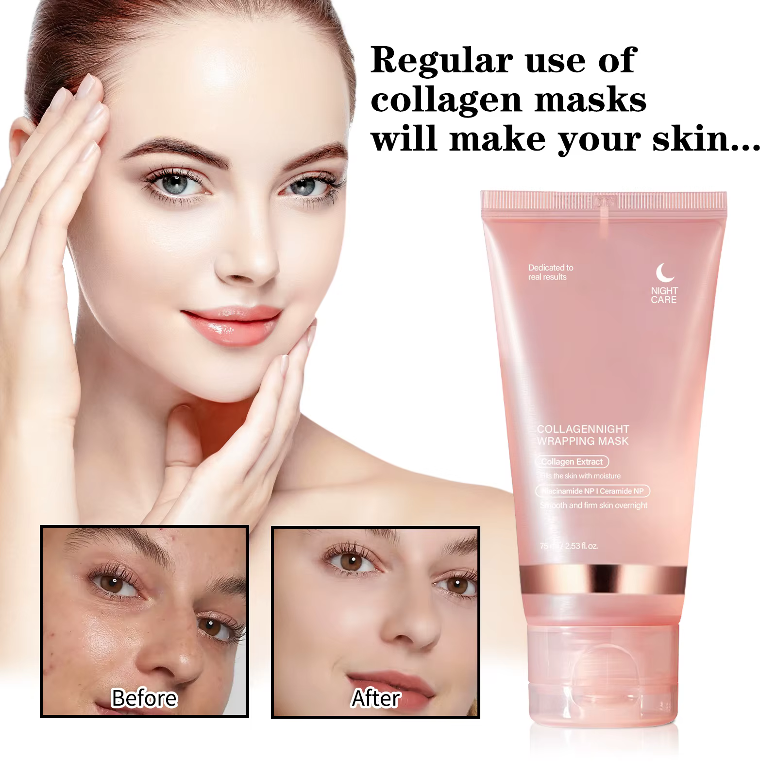 Masque de nuit au collagène 75 ml – Masque hydratant et raffermissant pour une peau éclatante – Masq