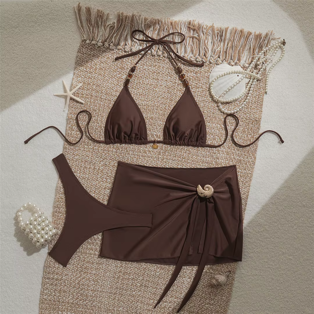 Ensemble de bikini trois pièces pour femme, style brésilien, avec jupe, dos nu et rembourré