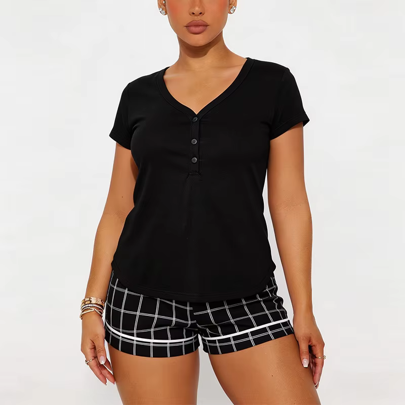 Pyjama pour femmes, été, confortable, décontracté, manches courtes, shorts, ensemble deux pièces, vê