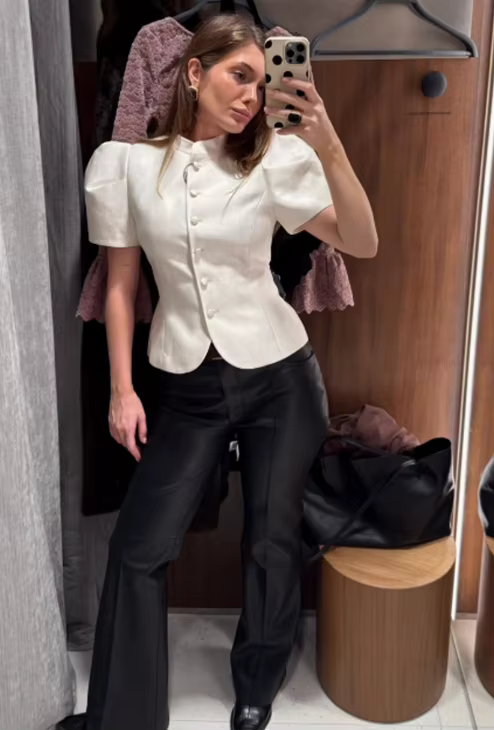 Chemise élégante à manches lanternes pour femme, col montant, coupe ajustée, nouvelle collection, dé