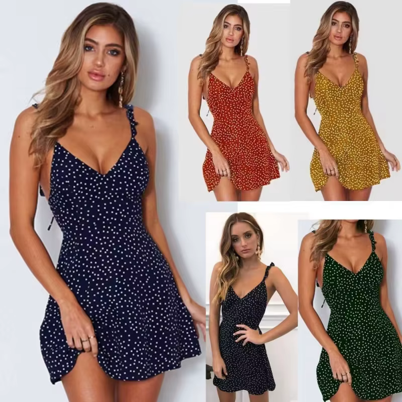 Robe camisole sexy à lacets pour femmes, mini robe d'été à pois, bretelles fines, robe d'été décontr