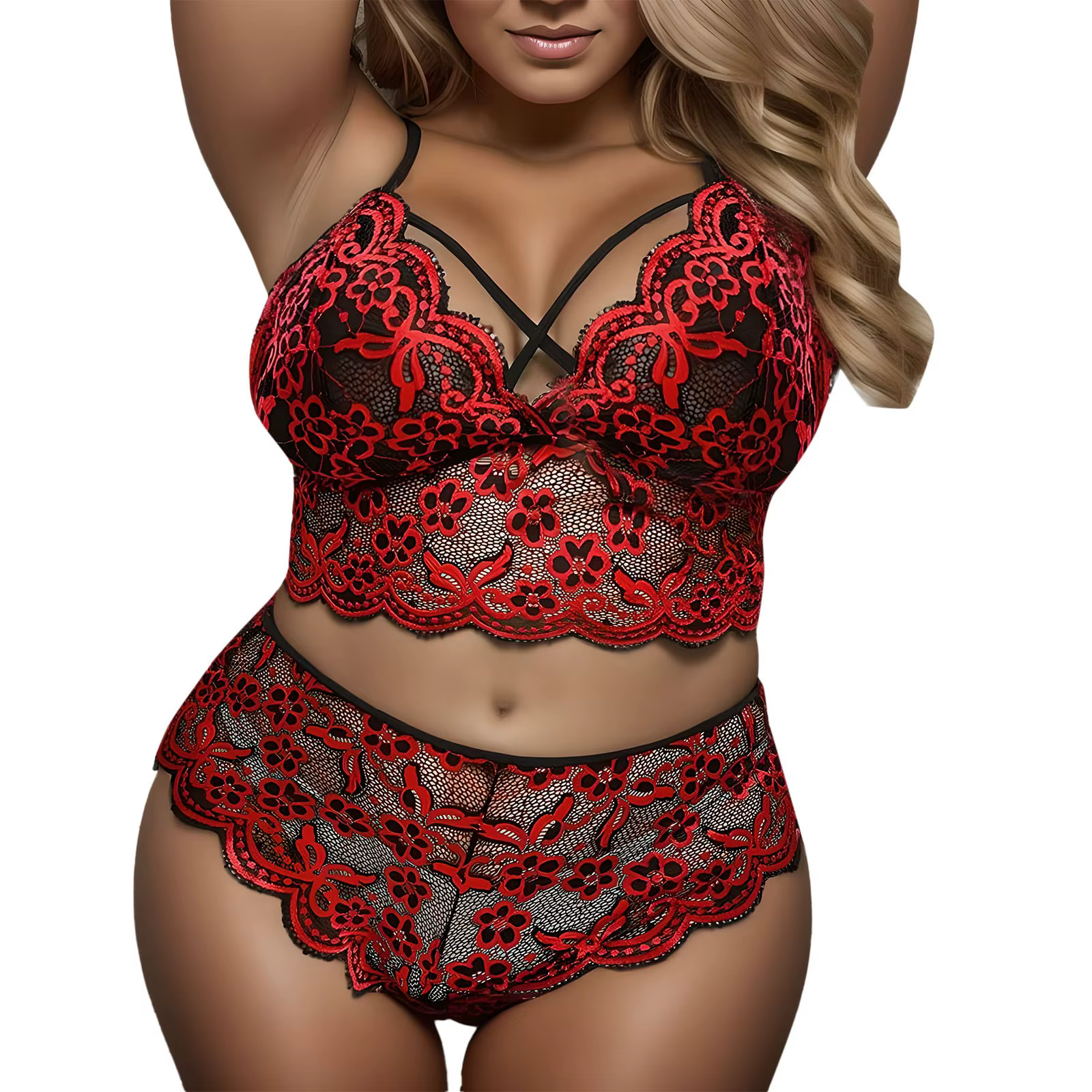 Femmes grande taille mode deux pièces lingerie sexy ensemble érotique déshabillé en dentelle col en 