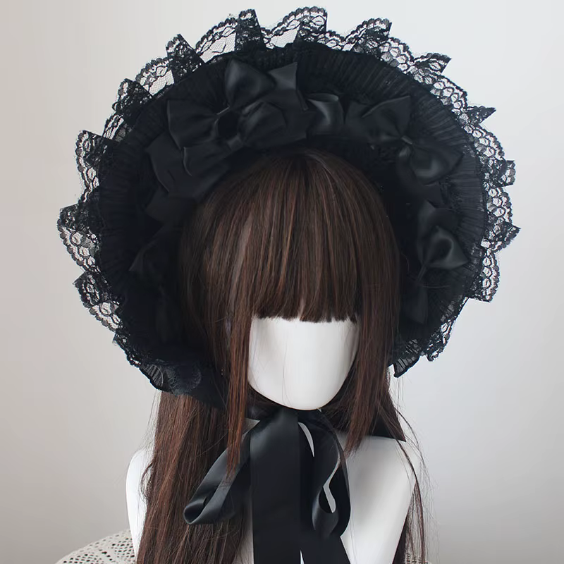 Chapeau de paille Lolita multicolore noir et blanc BNT dentelle noir foncé nœud en dentelle chapeau 
