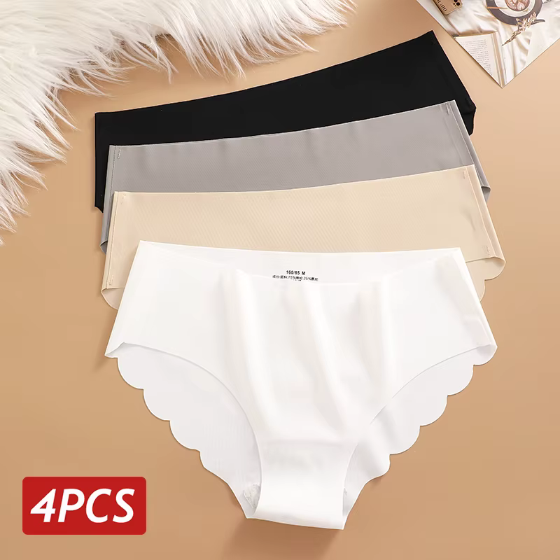 Culottes en soie glacée sans couture 4 pièces/ensemble Culottes pour femmes Couleur unie Sous-vêteme