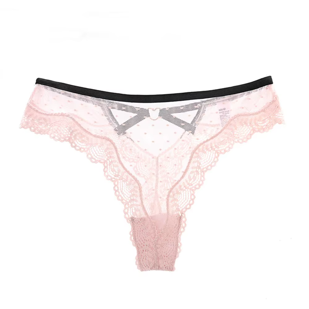 Culotte string taille basse en dentelle ajourée pour femme, motif à pois, en maille transparente