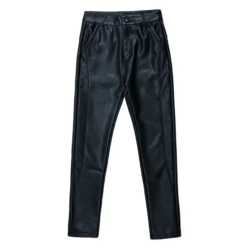 Femmes élastique taille haute véritable pantalon en cuir véritable femme mode sarouel dames poches M