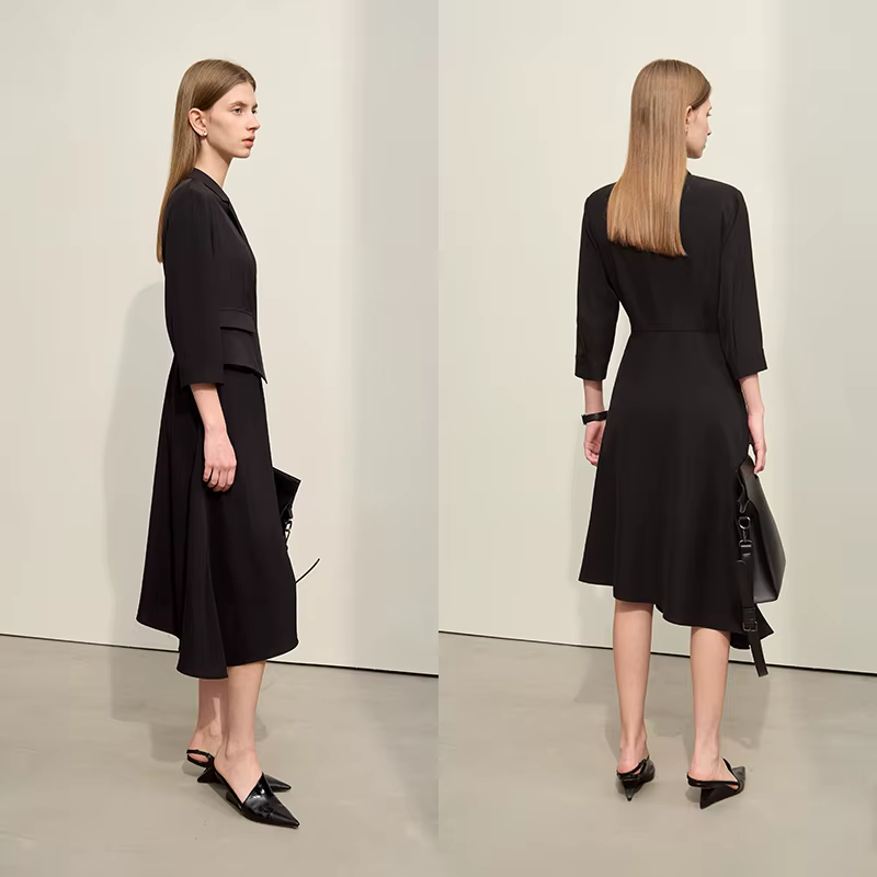 Amii-Robe Épissée Deux Pièces pour Femme, Minimalisme, Manches Trois-Quarts, Slim, Midi, CommPiedmon
