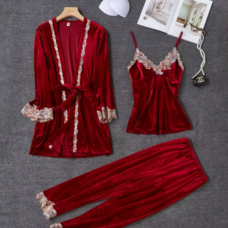 Nouveau velours pyjama costume femmes 3 pièces Robe chemise de nuit ensemble vêtements de nuit dame 