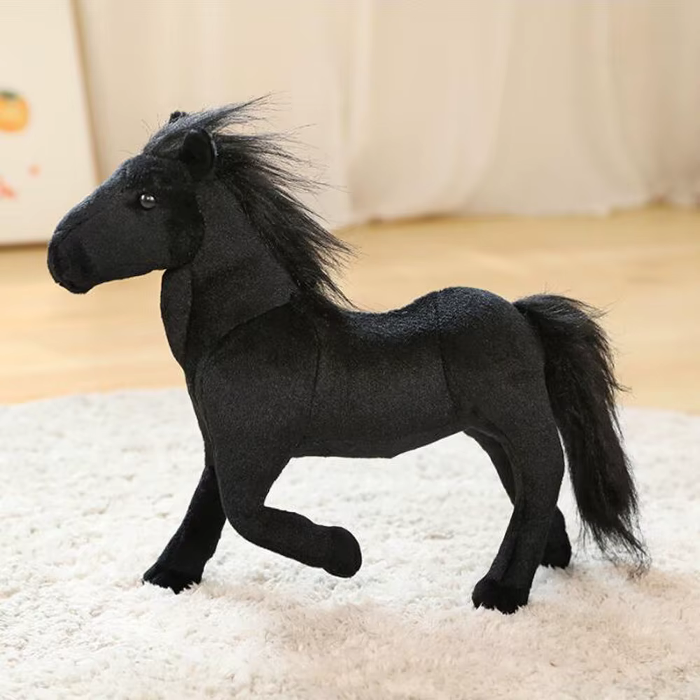 Simulation de dessin animé cheval blanc noir, jouet en peluche pour enfants, poupée poney, cadeau de