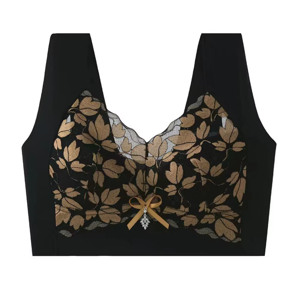 Soutien-gorge Push Up en dentelle feuille respirante, décolleté en V profond, avec nœud papillon en