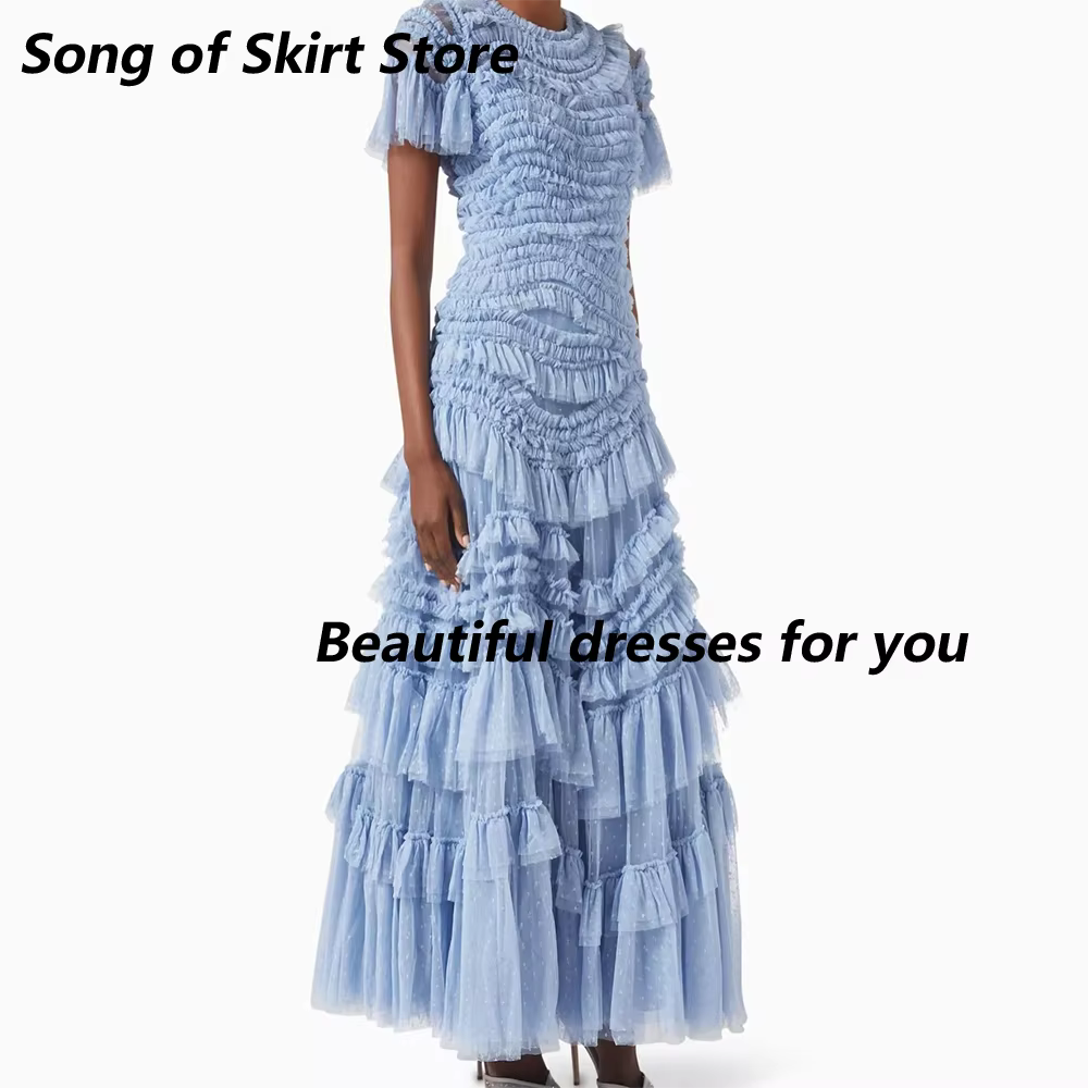 Robe de soirée bleue personnalisée, col rond, plissée en tulle, coupe trapèze, pour femme, manches c