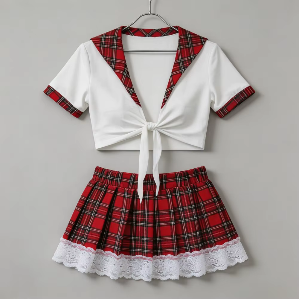 Ensemble de lingerie cosplay d'écolière, haut court à carreaux rouges avec nœud à l'avant, mini-jupe